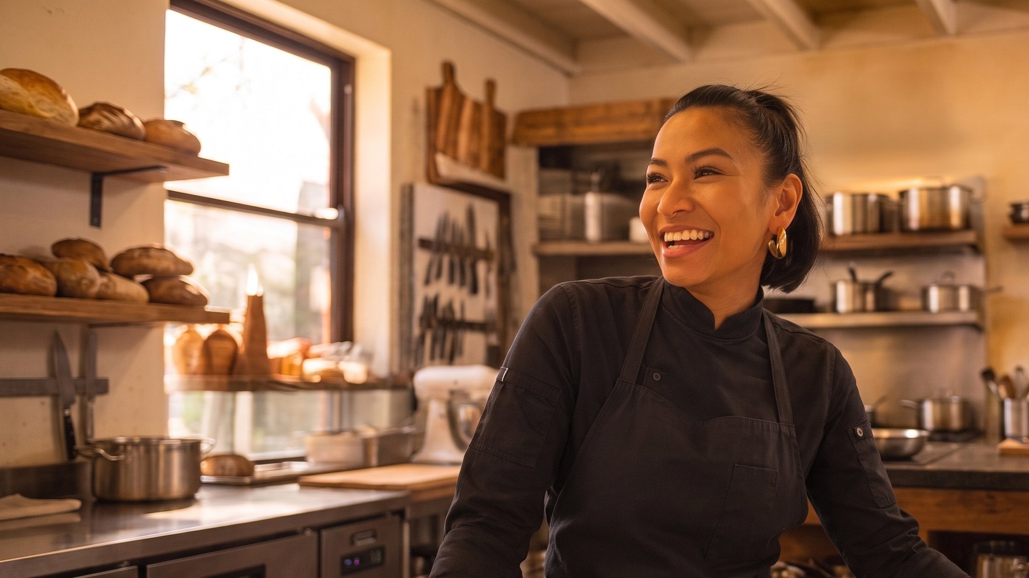 Rein Estebal in chef’s whites and apron, laughing in a warm bakery kitchen, shelves of bread behind her.